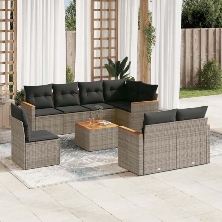 8-tlg. Garten-Sofagarnitur mit Kissen Schwarz Poly Rattan
