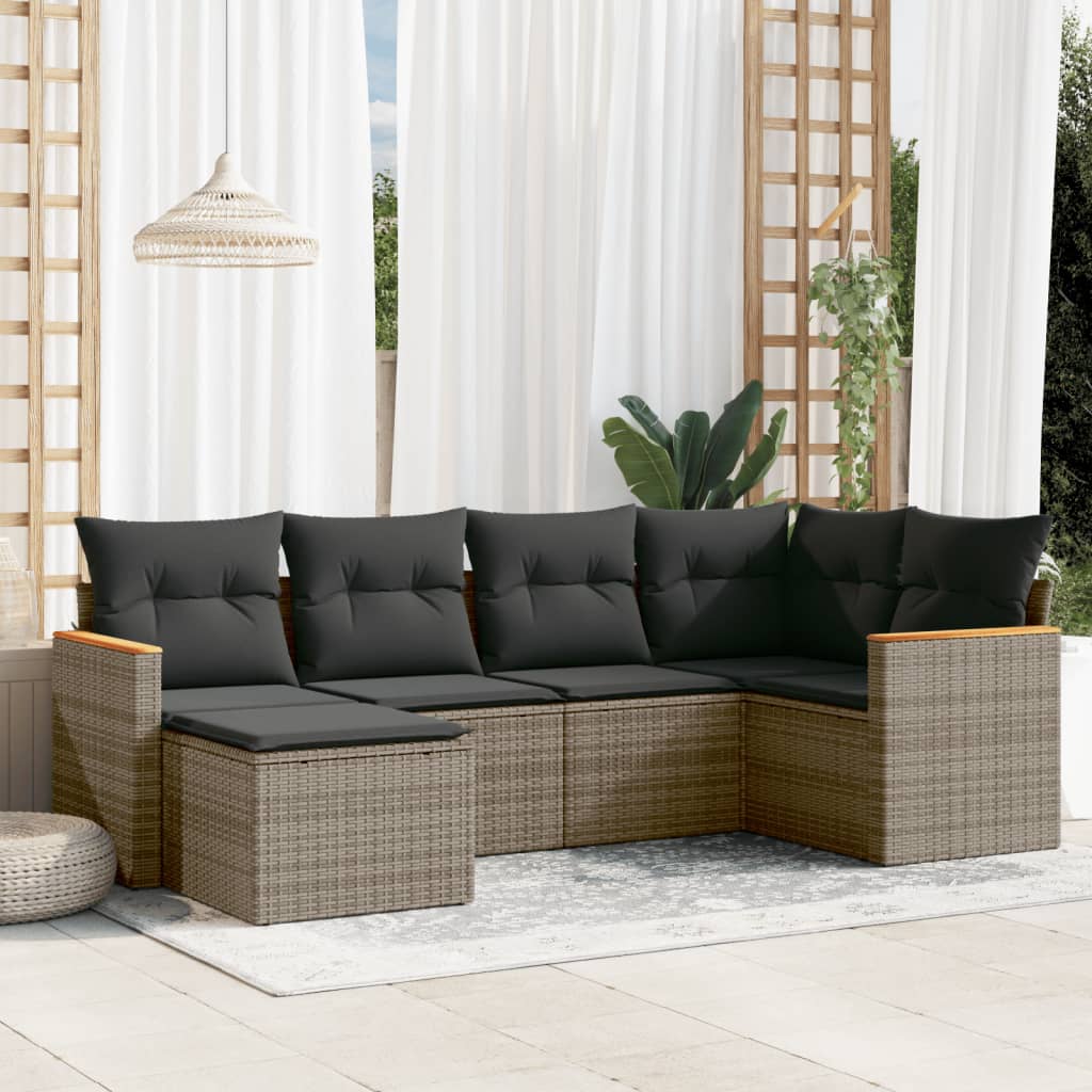 6-tlg. Garten-Sofagarnitur mit Kissen Schwarz Poly Rattan