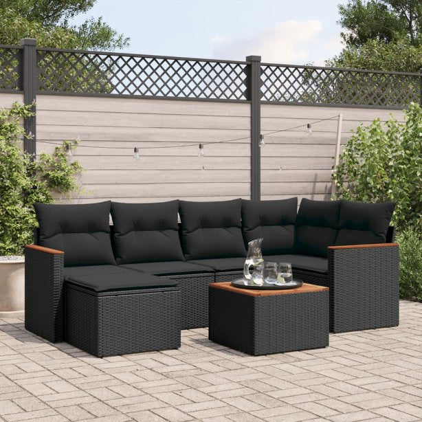 6-tlg. Garten-Sofagarnitur mit Kissen Schwarz Poly Rattan