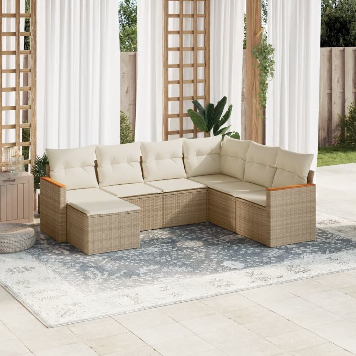 7-tlg. Garten-Sofagarnitur mit Kissen Schwarz Poly Rattan