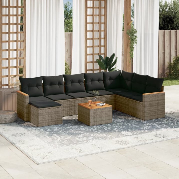 8-tlg. Garten-Sofagarnitur mit Kissen Schwarz Poly Rattan