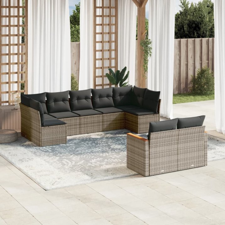 9-tlg. Garten-Sofagarnitur mit Kissen Schwarz Poly Rattan