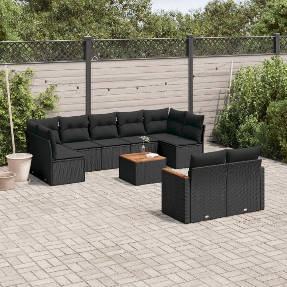 9-tlg. Garten-Sofagarnitur mit Kissen Schwarz Poly Rattan