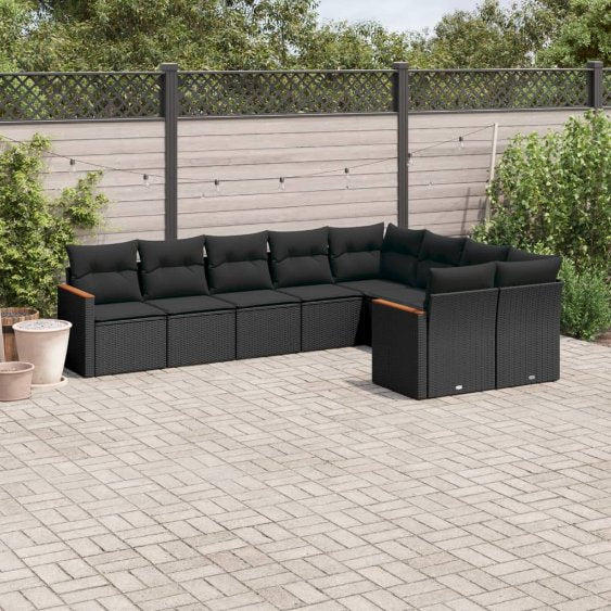9-tlg. Garten-Sofagarnitur mit Kissen Schwarz Poly Rattan