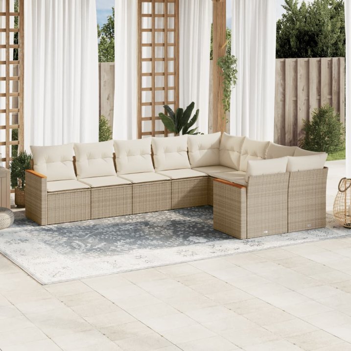 9-tlg. Garten-Sofagarnitur mit Kissen Schwarz Poly Rattan