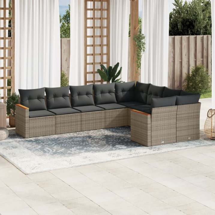 9-tlg. Garten-Sofagarnitur mit Kissen Schwarz Poly Rattan