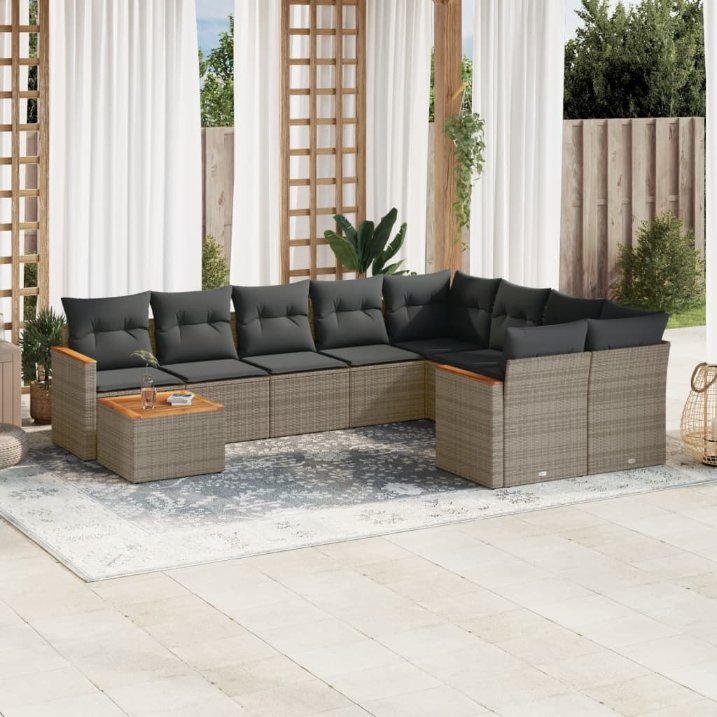 vidaXL 10-tlg. Garten-Sofagarnitur mit Kissen Schwarz Poly Rattan