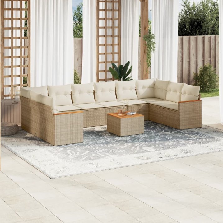 vidaXL 10-tlg. Garten-Sofagarnitur mit Kissen Schwarz Poly Rattan