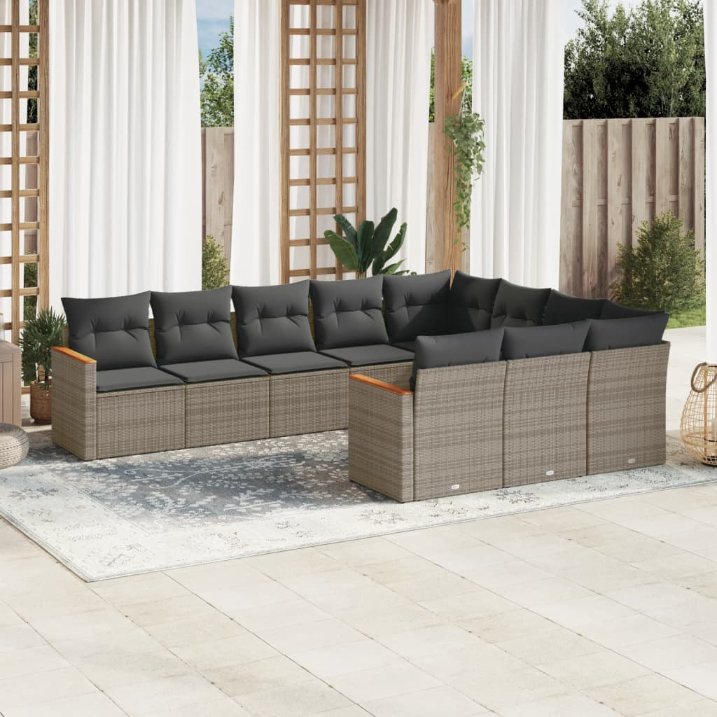 vidaXL 10-tlg. Garten-Sofagarnitur mit Kissen Schwarz Poly Rattan