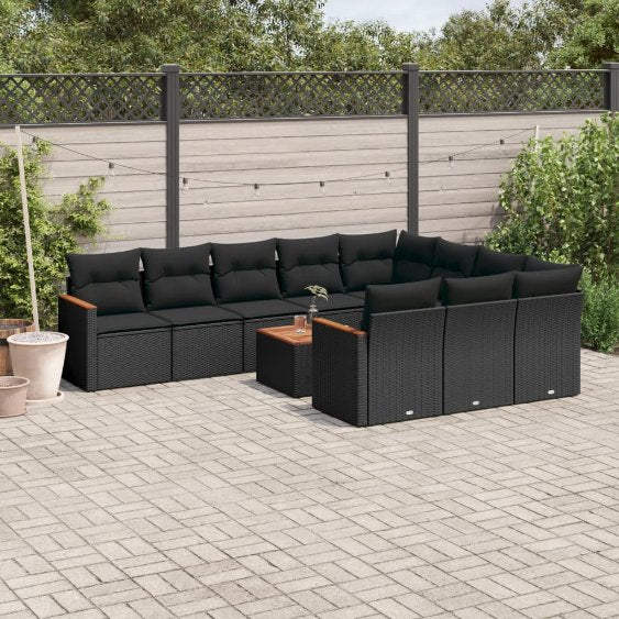 vidaXL 10-tlg. Garten-Sofagarnitur mit Kissen Schwarz Poly Rattan