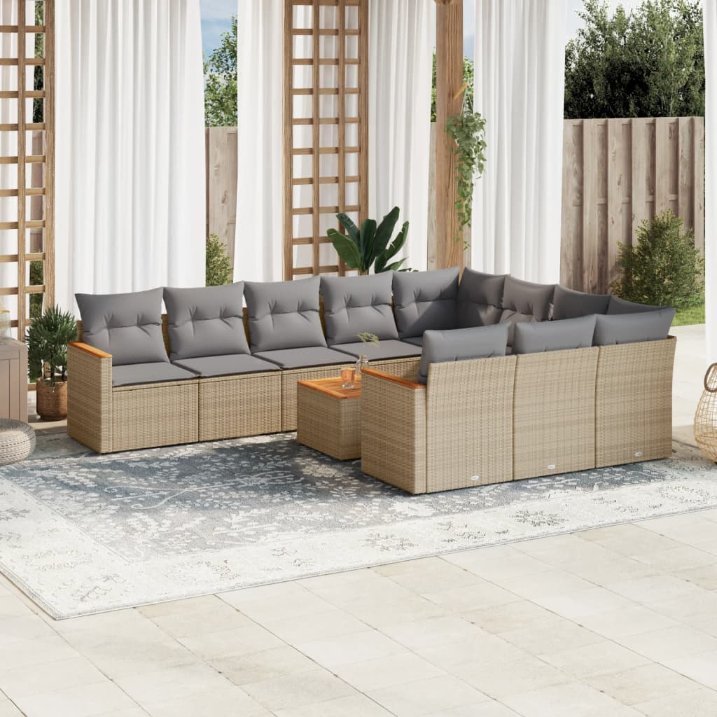 vidaXL 10-tlg. Garten-Sofagarnitur mit Kissen Schwarz Poly Rattan