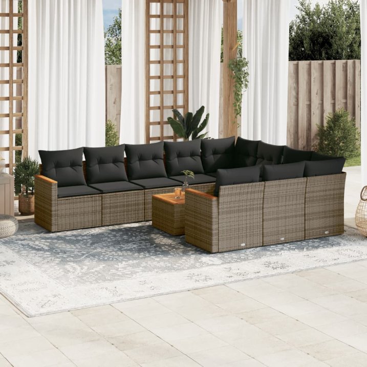 vidaXL 10-tlg. Garten-Sofagarnitur mit Kissen Schwarz Poly Rattan