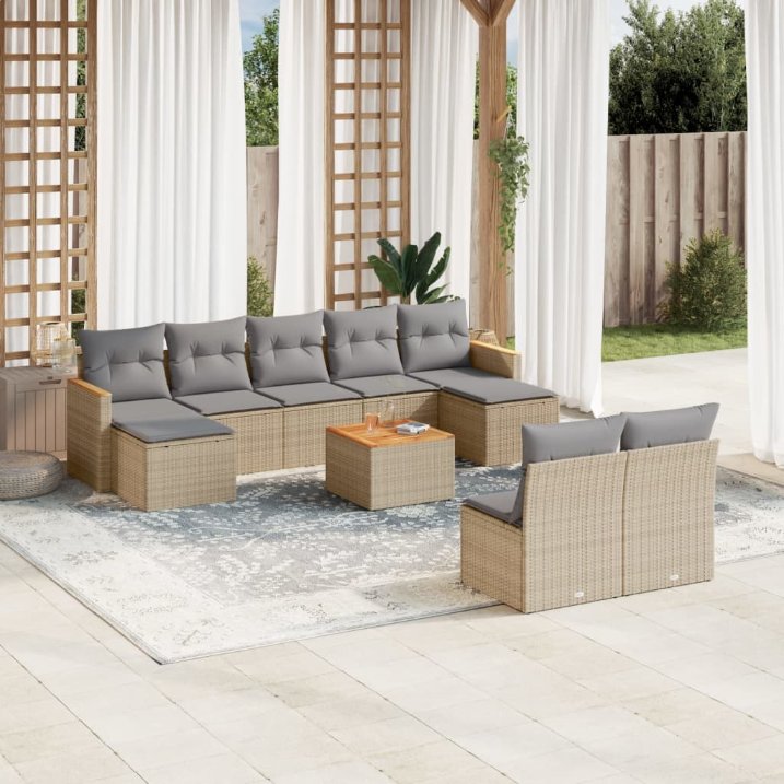 9-tlg. Garten-Sofagarnitur mit Kissen Schwarz Poly Rattan