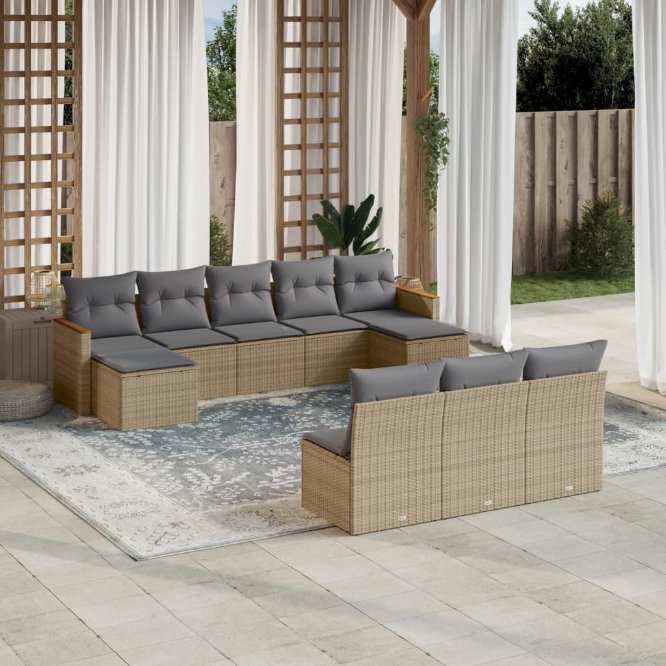 vidaXL 10-tlg. Garten-Sofagarnitur mit Kissen Schwarz Poly Rattan