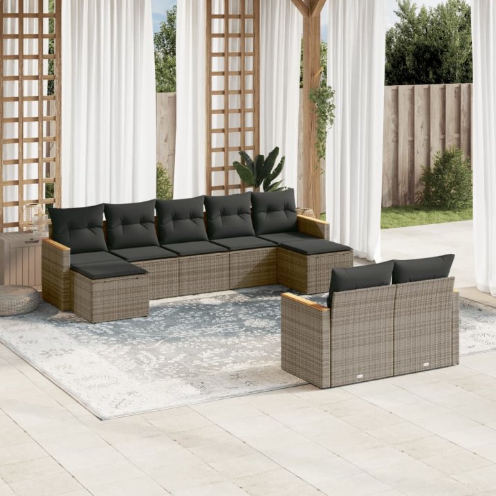 9-tlg. Garten-Sofagarnitur mit Kissen Schwarz Poly Rattan