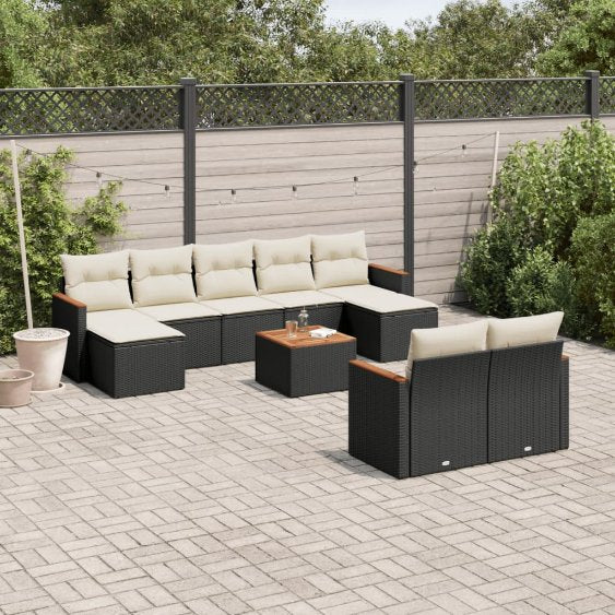 9-tlg. Garten-Sofagarnitur mit Kissen Schwarz Poly Rattan