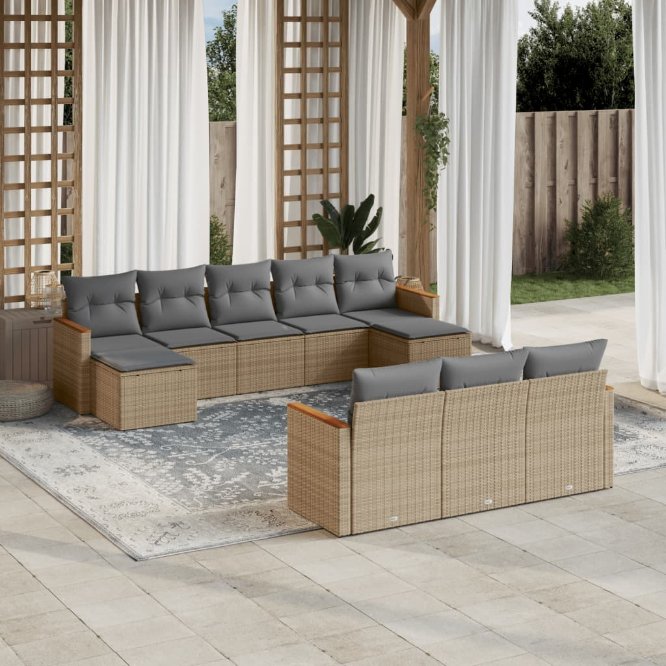 vidaXL 10-tlg. Garten-Sofagarnitur mit Kissen Schwarz Poly Rattan