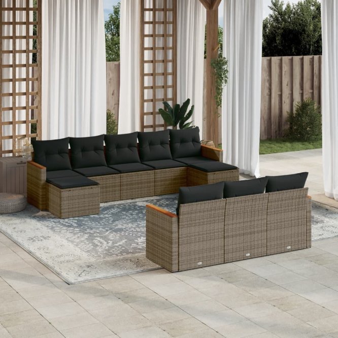 vidaXL 10-tlg. Garten-Sofagarnitur mit Kissen Schwarz Poly Rattan