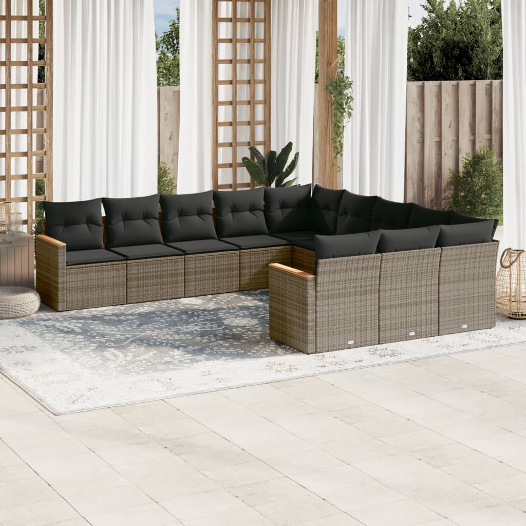 vidaXL 11-tlg. Garten-Sofagarnitur mit Kissen Schwarz Poly Rattan