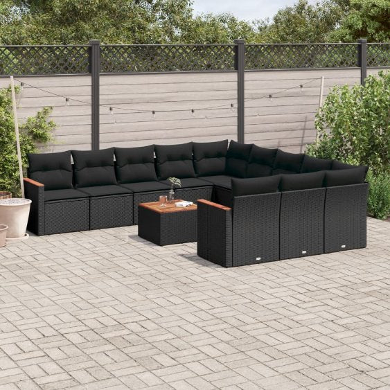 vidaXL 11-tlg. Garten-Sofagarnitur mit Kissen Schwarz Poly Rattan