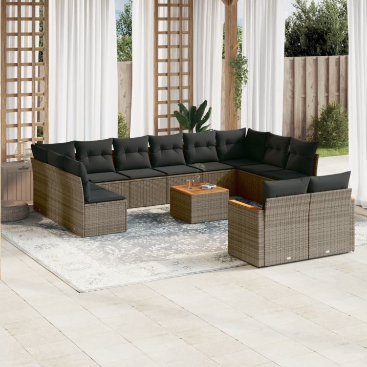 12-tlg. Garten-Sofagarnitur mit Kissen Schwarz Poly Rattan