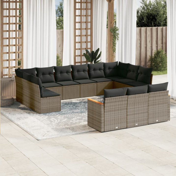 13-tlg. Garten-Sofagarnitur mit Kissen Schwarz Poly Rattan