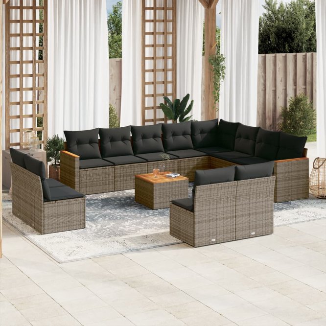 12-tlg. Garten-Sofagarnitur mit Kissen Schwarz Poly Rattan
