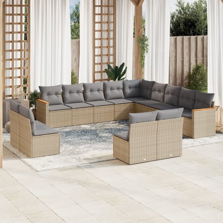 13-tlg. Garten-Sofagarnitur mit Kissen Schwarz Poly Rattan
