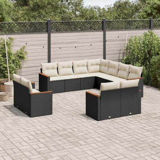 vidaXL 11-tlg. Garten-Sofagarnitur mit Kissen Schwarz Poly Rattan