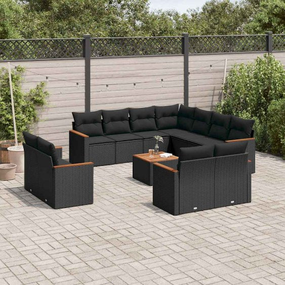 vidaXL 11-tlg. Garten-Sofagarnitur mit Kissen Schwarz Poly Rattan