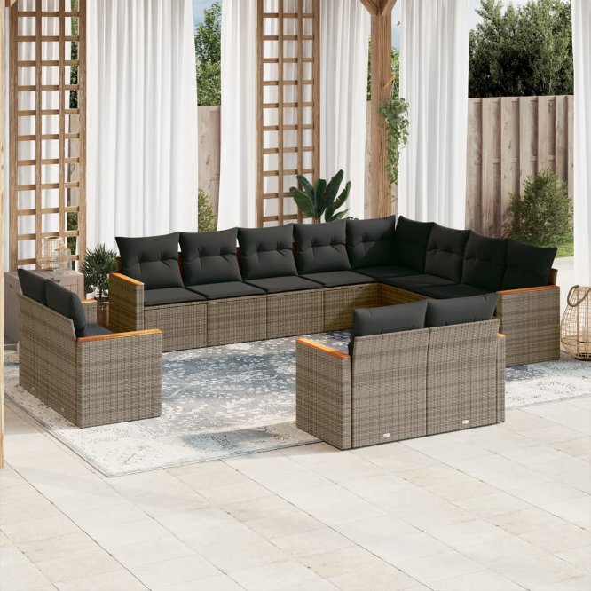 12-tlg. Garten-Sofagarnitur mit Kissen Schwarz Poly Rattan