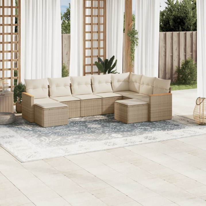 9-tlg. Garten-Sofagarnitur mit Kissen Schwarz Poly Rattan