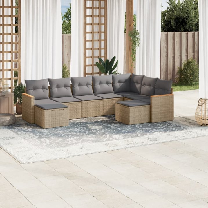 9-tlg. Garten-Sofagarnitur mit Kissen Schwarz Poly Rattan