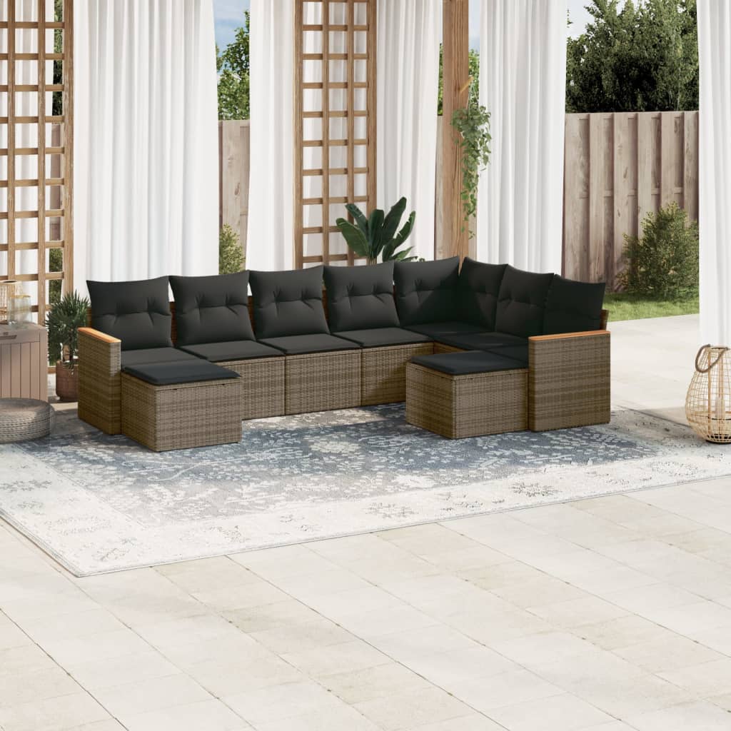 9-tlg. Garten-Sofagarnitur mit Kissen Schwarz Poly Rattan