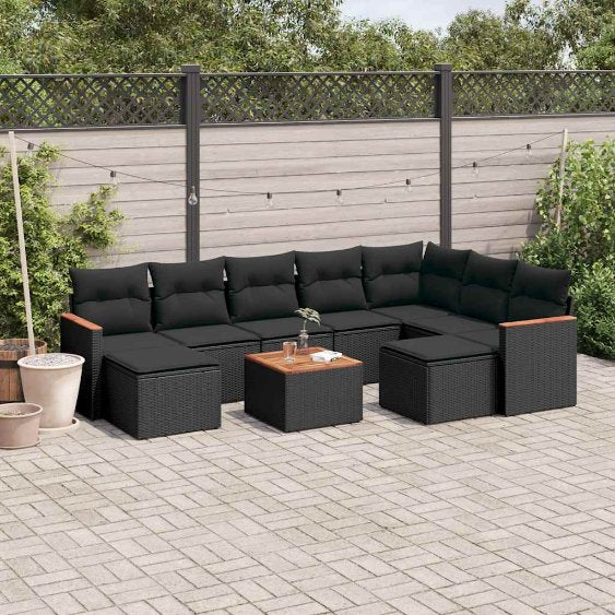9-tlg. Garten-Sofagarnitur mit Kissen Schwarz Poly Rattan