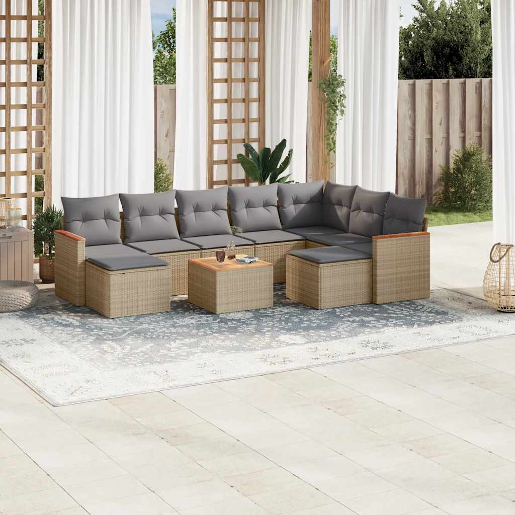 9-tlg. Garten-Sofagarnitur mit Kissen Schwarz Poly Rattan