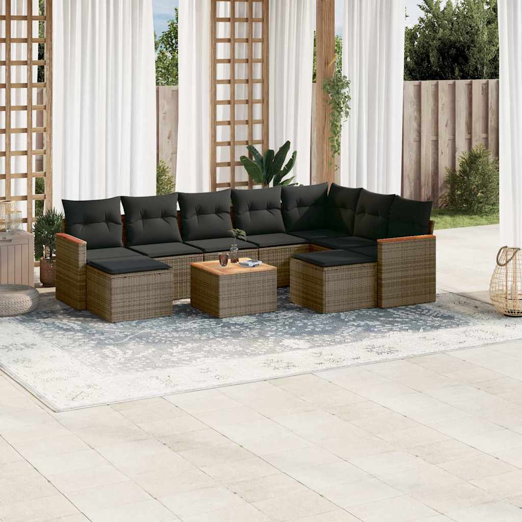 9-tlg. Garten-Sofagarnitur mit Kissen Schwarz Poly Rattan