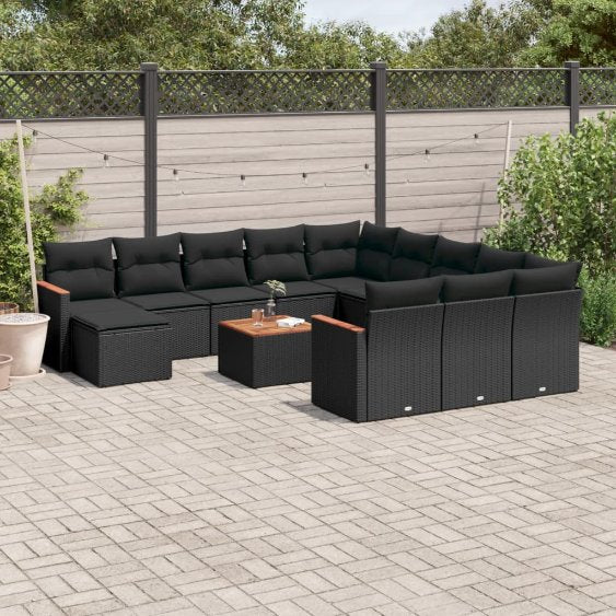 12-tlg. Garten-Sofagarnitur mit Kissen Schwarz Poly Rattan