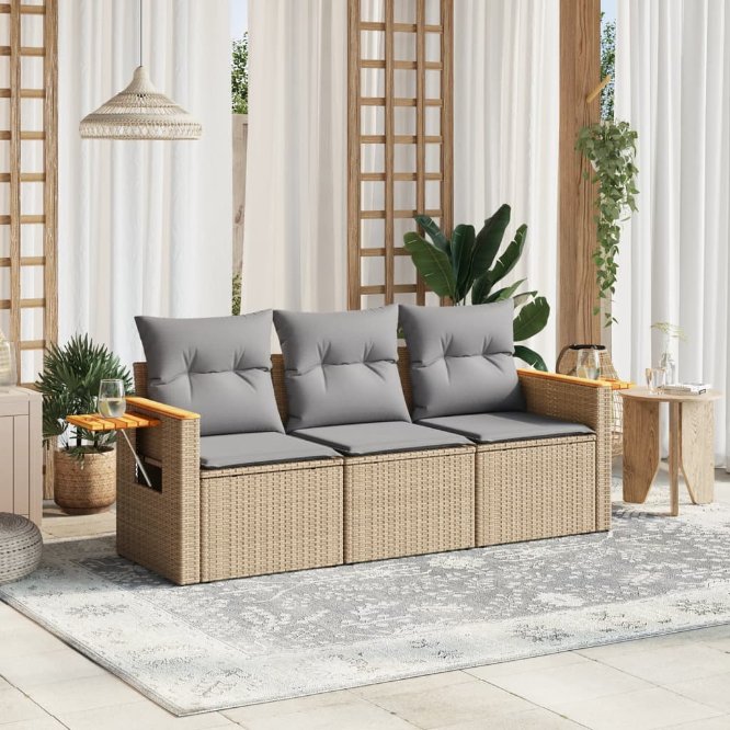3-tlg. Garten-Sofagarnitur mit Kissen Schwarz Poly Rattan
