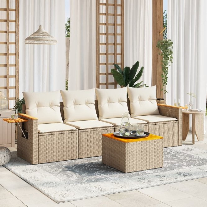 5-tlg. Garten-Sofagarnitur mit Kissen Schwarz Poly Rattan