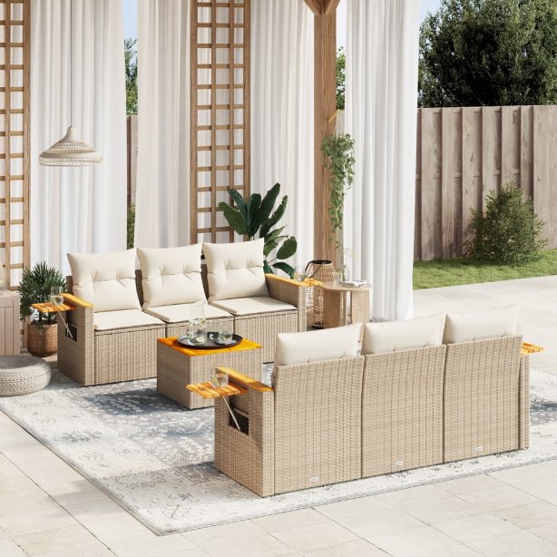 7-tlg. Garten-Sofagarnitur mit Kissen Schwarz Poly Rattan