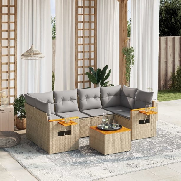 7-tlg. Garten-Sofagarnitur mit Kissen Schwarz Poly Rattan