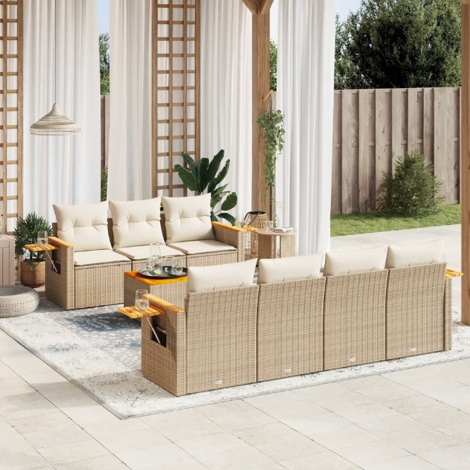 8-tlg. Garten-Sofagarnitur mit Kissen Schwarz Poly Rattan