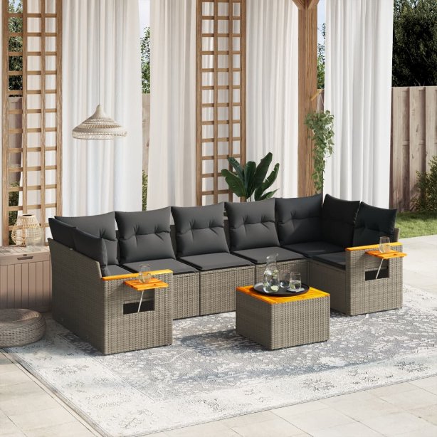 8-tlg. Garten-Sofagarnitur mit Kissen Schwarz Poly Rattan