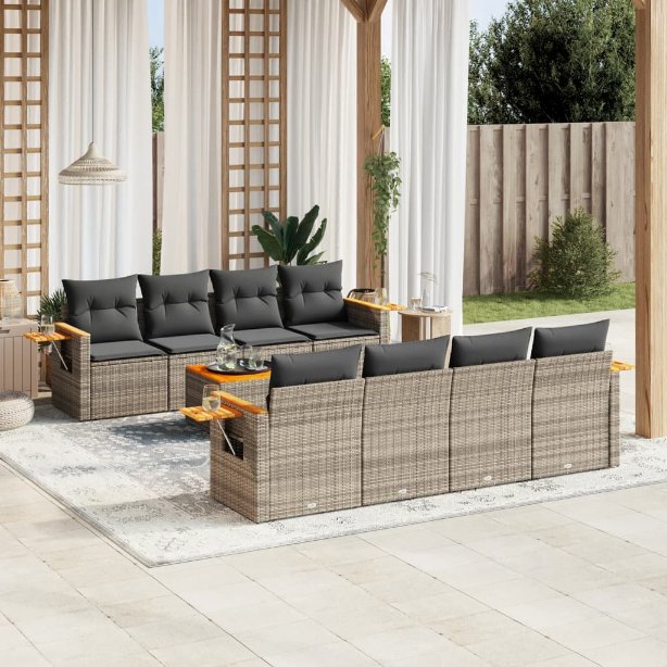 9-tlg. Garten-Sofagarnitur mit Kissen Schwarz Poly Rattan