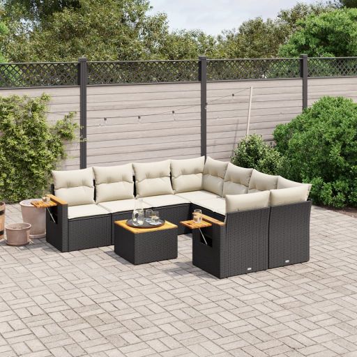 9-tlg. Garten-Sofagarnitur mit Kissen Schwarz Poly Rattan