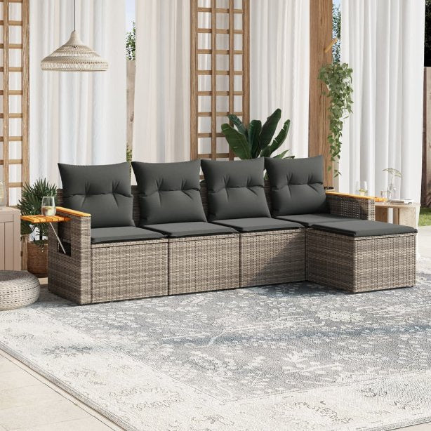 5-tlg. Garten-Sofagarnitur mit Kissen Schwarz Poly Rattan
