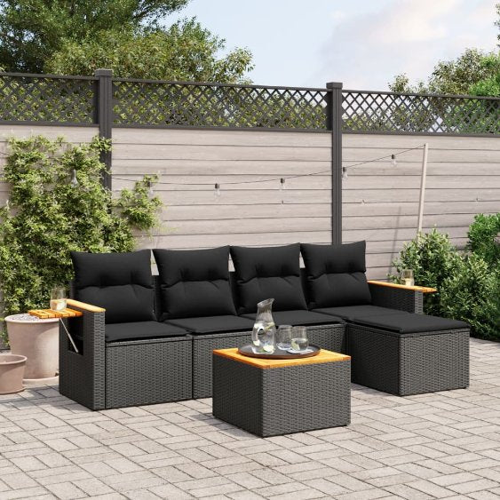 5-tlg. Garten-Sofagarnitur mit Kissen Schwarz Poly Rattan