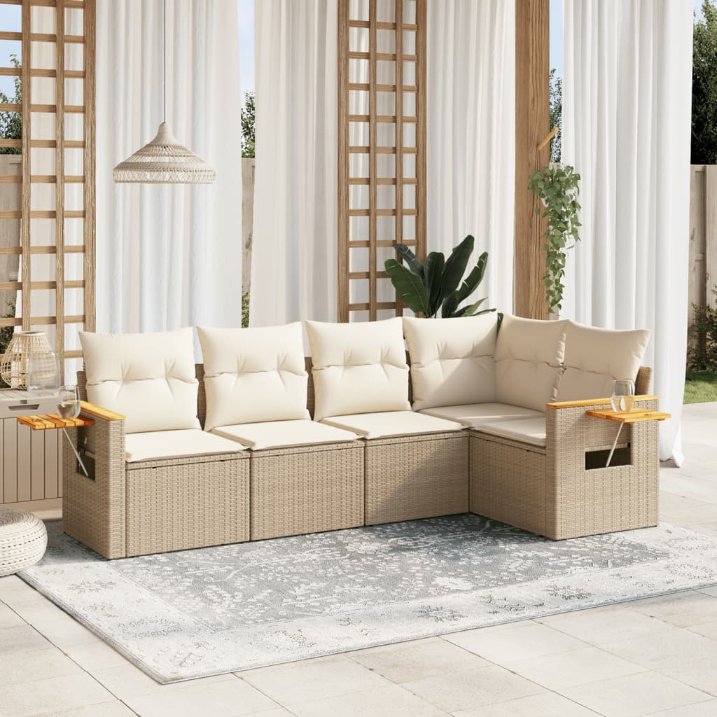 5-tlg. Garten-Sofagarnitur mit Kissen Schwarz Poly Rattan