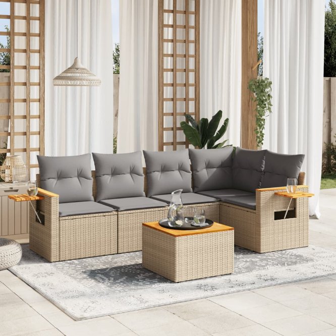 5-tlg. Garten-Sofagarnitur mit Kissen Schwarz Poly Rattan